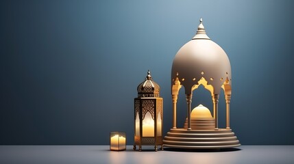 3d render of isolated Islamic background with ramadan lantern, crescent and golden pedestal. Mockup for greeting cards for ramadan kareem, mawlid, iftar, isra miraj, eid al fitr adha. 3D Illustration, - obrazy, fototapety, plakaty