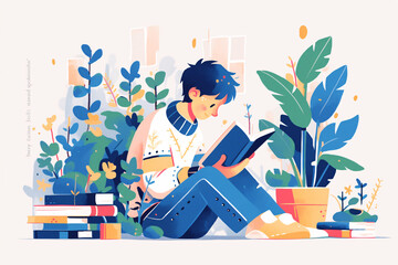 World Book Day, boy reading book scene illustration, education learning concept illustration