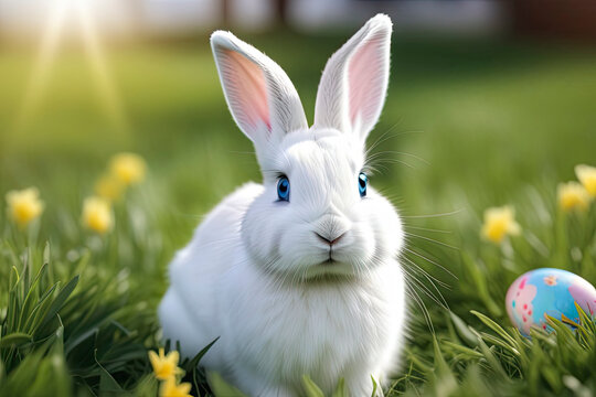 white Easter bunny with blue eyes sits on a green lawn in the rays of sunlight and looks at the camera, Easter eggs lie nearby. for Easter holidays illustration. space for text in the right corner