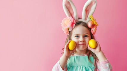 Obraz na płótnie Canvas Happy easter, Cute little girl holding Easter eggs and having fun on on a pink background, Сhild girl wearing bunny ears on Easter day, generative ai