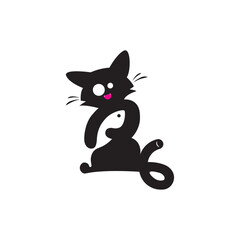 Cute cat hug fish cartoon vector and mascot logo 

