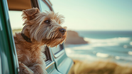 Dog travel by car, enjoying road trip, Happy dog with head out of the car window having fun, generative ai
