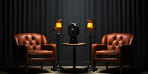Two chairs and microphones in podcast or interview room isolated on dark background, Art Deco mahogany bentwood furniture interior design, 
 - obrazy, fototapety, plakaty