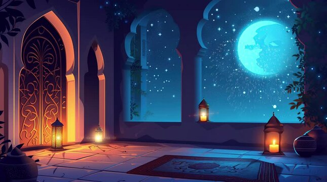 ramadan celebration with lanterns and candles background.   Seamless looping 4k time-lapse virtual video animation background. Generated AI	