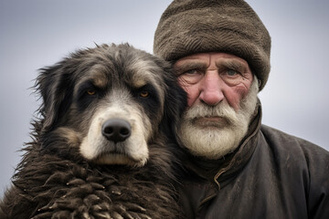 Man with a white beard and a winter hat with his shepherd dog looking ahead ready to begin his pastoral work. Nomadic lifestyle and disappearing profession. Generativa Ai - Powered by Adobe
