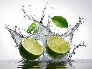 Photo fresh green lemon with water splash and leaves on white background.