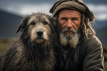 Portrait of a scruffy and rough looking shepherd, herding in the mountains with his dog wet from the rain. Nomadic lifestyle and disappearing profession. Generativa Ai