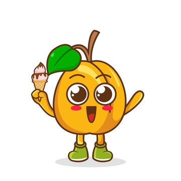 Cute Cartoon apricot fruit character holding ice cream cone