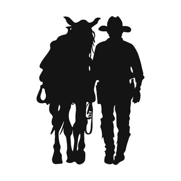 Cowboy or bandit from the American west while sitting on a horse. Contour silhouette of a cowboy riding a horse, vector illustration isolated on a white background.