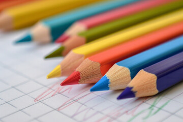 Fototapeta premium Color pencils. Close up. .Color pencils for drawing Rainbow color pencil and used as a background. A colorful group of pencils arranged neatly - back to school multi-colored rainbow coloring pencils.