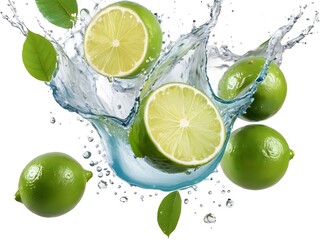 Photo fresh green lemon with water splash and leaves on white background.