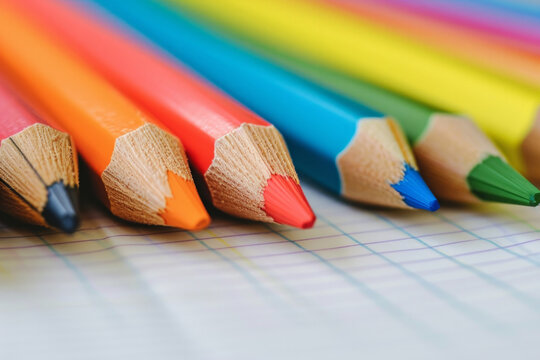 Color pencils. Close up. .Color pencils for drawing Rainbow color pencil and used as a background. A colorful group of pencils arranged neatly - back to school multi-colored rainbow coloring pencils.