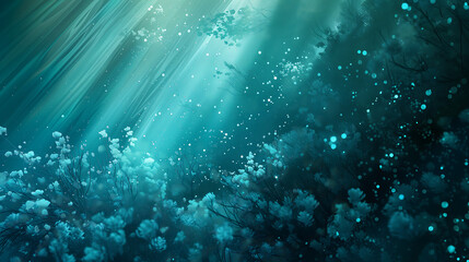 Underwater organisms with blue plants, providing an enchanting and otherworldly atmosphere