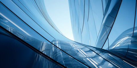 Modern architectural elegance: Upward view of a futuristic skyscraper's curved glass facade reflecting the clear blue sky