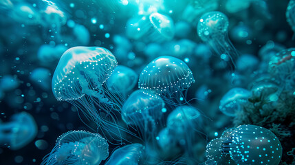 Underwater organisms with blue jellyfish, providing an enchanting and otherworldly atmosphere