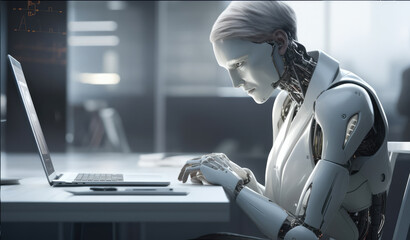 Male cyborg, human robot working with a laptop computer on a desk. Concept of technology, science, robotics, artificial intelligence.