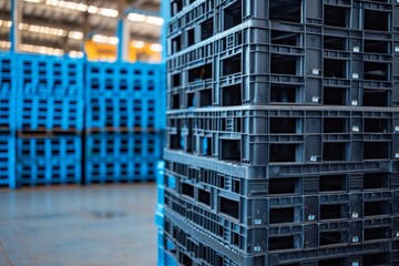 Pile of plastic shipping pallet. Industrial plastic pallet stacked at factory warehouse. Plastic pallet rack for export delivery industry. Plastic pallet storage warehouse. Generative AI.