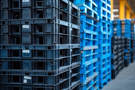 Pile of plastic shipping pallet. Industrial plastic pallet stacked at factory warehouse. Plastic pallet rack for export delivery industry. Plastic pallet storage warehouse. Generative AI.
