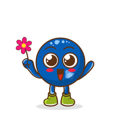 Cute cartoon blueberry fruit character holding flower