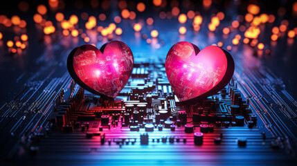 Futuristic concept of love and technology with glowing neon hearts on a circuit board, symbolizing Valentine's Day in the digital and social media age