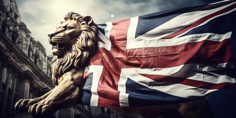 British Lion Union Flag,National animal of Great Britain. Portrait of a Beautiful lion, face art and patriotism - obrazy, fototapety, plakaty