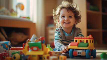 Fototapeta na wymiar Happy kid playing toys in bedroom.