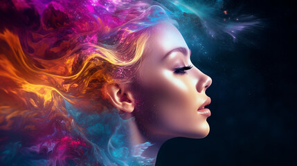portrait of a woman with hairstyle A colorful abstract painting of a cloud of smoke, A colorful background with a girl face - obrazy, fototapety, plakaty