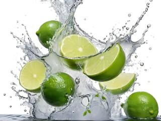 Photo fresh green lemon with water splash and leaves on white background.