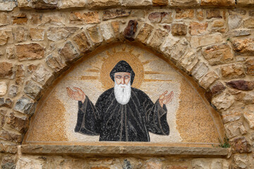 Saint Charbel tympanum in Saint Charbel's monastery in Bekaa Kafra, his native village in Lebanon