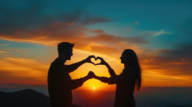 Young couple make the sign of hands hearts in the air before sunset. Silhouette at sunset. Sweethearts. Love Story, Young couple in love, generative ai