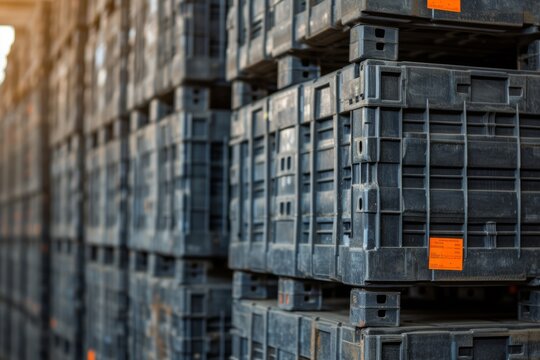 Pile of plastic shipping pallet. Industrial plastic pallet stacked at factory warehouse. Plastic pallet rack for export delivery industry. Plastic pallet storage warehouse. Generative AI.