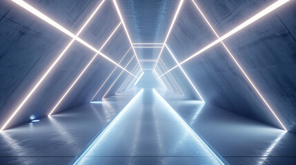 Modern stylish 3D design background with neon lights interior scene, space perspective scene illustration