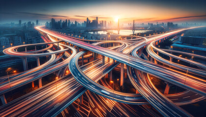 A breathtaking long-exposure shot of intricate highway interchanges with light trails at dusk, showcasing the bustling urban traffic against a city skyline. Urban traffic concept. AI generated. - obrazy, fototapety, plakaty