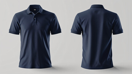 A sleek and versatile dark blue polo shirt mockup that is perfect for showcasing your own designs. The front and back of the shirt are left blank, giving you plenty of space to add your own