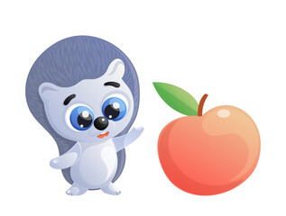 Cute cartoon Hedgehog and apple. Vector illustration for children.