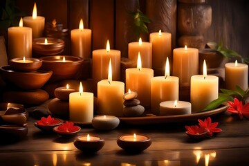  A serene Spa setting with an array of aromatic candles emitting a calming glow. 