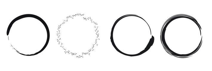 Grunge ink-circle frames vector illustration isolated on transparent background. Set of black paint brush stroke borders.