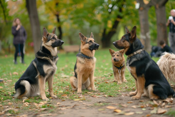 Woman training dog at the park. Happy training with his dog in the nature. Time to study.man training his dog. Here you go human, you can have my paw.