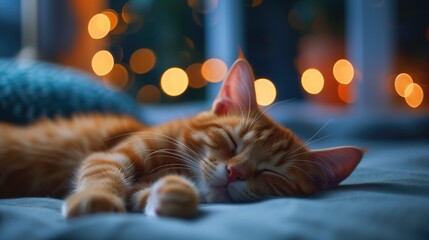Sleeping cat on a bed near a night window, ginger cat lying on bed, generative ai - obrazy, fototapety, plakaty