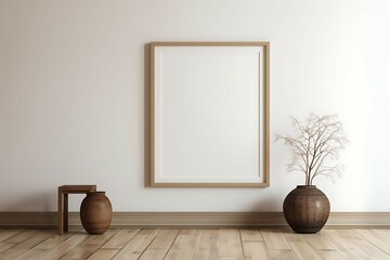 three vertical frame mock-up created with AI generative technology depicting a clean wall and modern room, some plants and a chair mock-up created with AI generative technology
