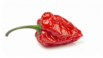 Ripe red hot carolina reaper chili pepper isolated on white background. Healthy food photography concept.