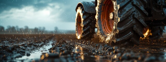 Close-Up of Tractor Tires on Muddy Farmland at Dusk
