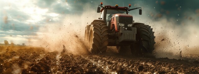 Modern Tractor Tilling Soil with Dynamic Dust Clouds in Field
