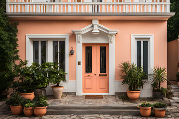 Fototapeta na wymiar Welcome Home: Elegant House Frontage with a Peach Door and White Wooden Charm