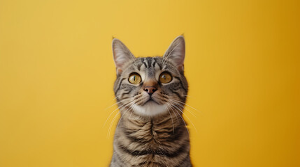Obraz premium Cute kitty. A cute cat on yellow background. Birthday postcard. 