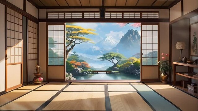japanese tradional house with garden in the morning background with butterfly. Landscape Animation. Generative AI video looping animation