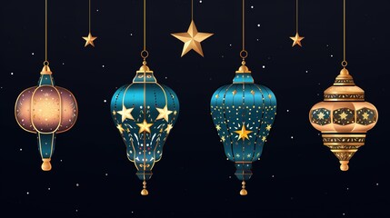 Traditional eastern lantern collection. Arabic muslim colorful hanging lamps, crescents and stars. Vector illustration, generative ai