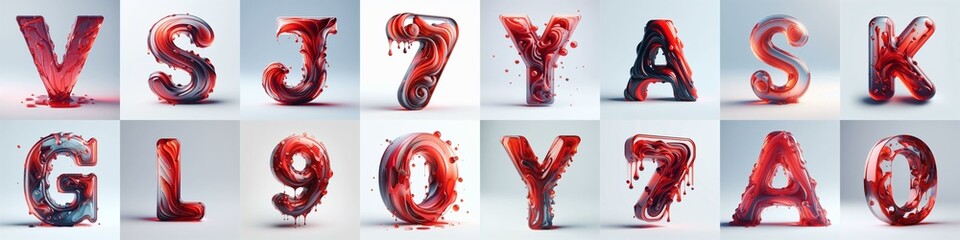 Red glass 3D Lettering Typeface. AI generated illustration