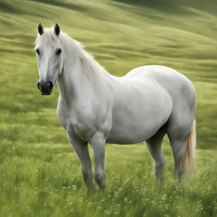 Biały koń na zielonej łące