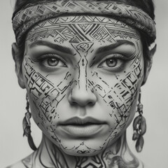 Twarz kobiety w tatuażach plemiennych - obrazy, fototapety, plakaty